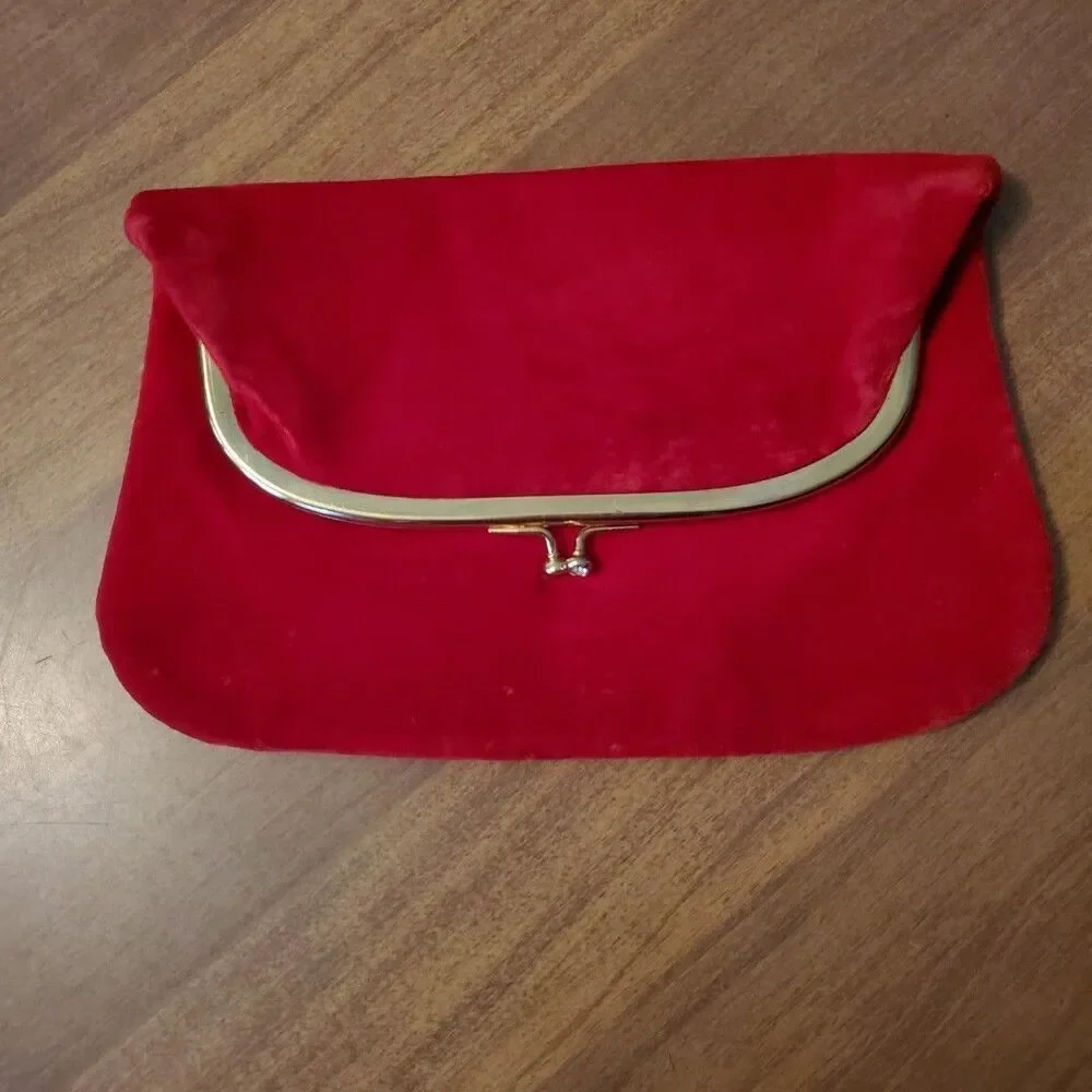 Red Velvet Evening Folding Clutch Hand Bag Purse Vintage Gold Tone Hardware